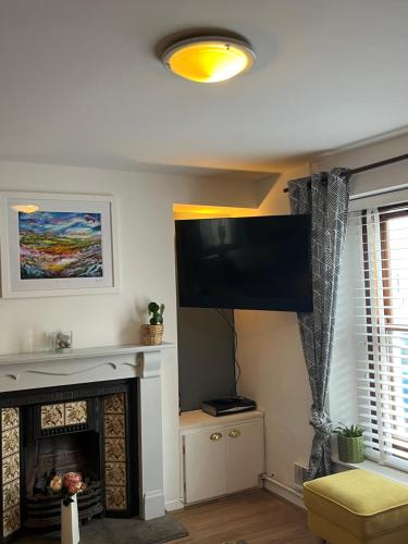 a living room with a fireplace and a flat screen tv at Oysterman's Cottage in The Mumbles