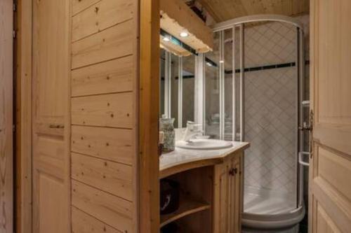 a bathroom with a shower and a sink and a toilet at Chalet Ancolie 2e Appartement cosy dans un chalet in Val dʼIsère