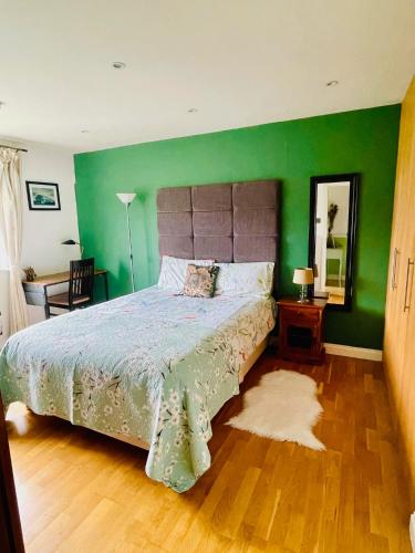 a bedroom with a bed with a green wall at Modern and chic rooms with beautiful landscape views in Sydenham