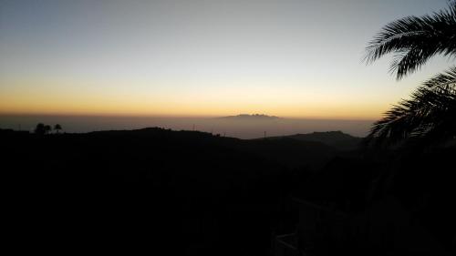 a sunset with a mountain in the distance with a palm tree at Pensión Amparo Las Hayas in Valle Gran Rey