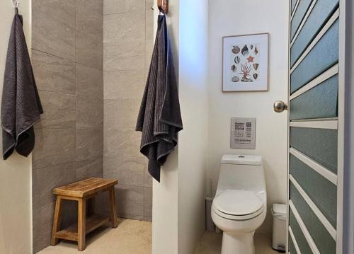 a bathroom with a toilet and a shower at Experience mesmerizing views at The Cliff House from your private plunge pool in Aguadilla