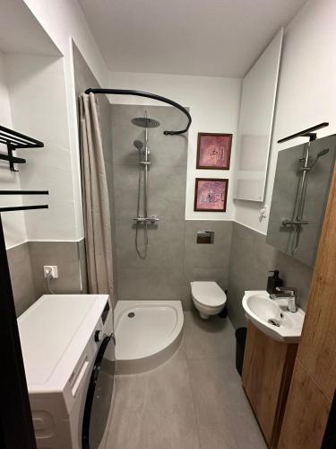 a bathroom with a shower and a toilet and a sink at Apartament Przygórze 212 in Przygórze