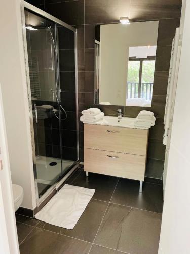 une salle de bain avec une douche, un lavabo et un miroir dans l'établissement FRGK 