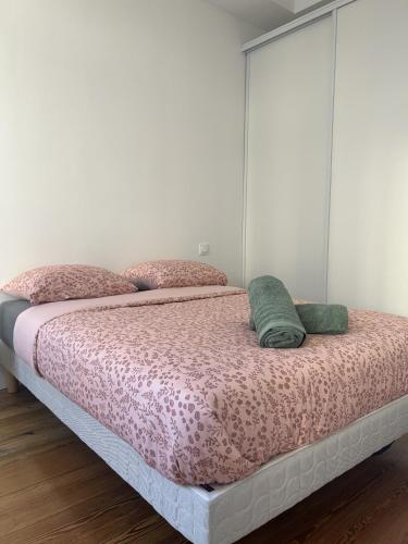 - une chambre avec un lit doté d'une couverture et d'oreillers roses dans l'établissement Le Toulousain 202 - Appartement Cosy en Hypercentre - Quartier Jeanne d'Arc, à Toulouse
