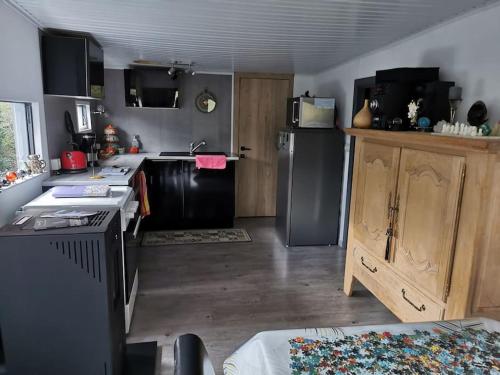 a kitchen with a black refrigerator and a stove at Chalet Paradise Cottage in Hastière-par-delà