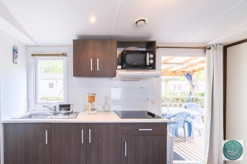 une cuisine avec un évier et un micro-ondes dans l'établissement Petit cocon ensoleillé, le mobil-home Alélé, à Bias