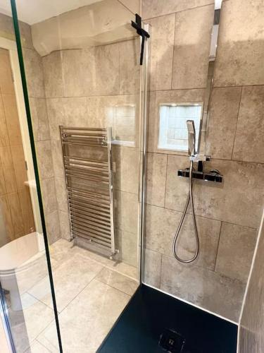 a shower with a glass door in a bathroom at Countryside converted barn with hot tub and one parking space in Newton Abbot
