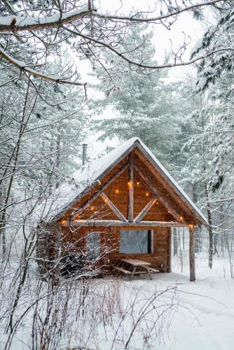 a cabin in the woods with snow on the roof at Hotel de l'Horizon in Sutton