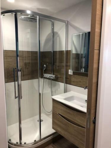 une salle de bain avec douche et lavabo dans l'établissement Petit Ré-ve !, à Rivedoux-Plage