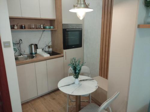 a small kitchen with a table and a sink at Apartment Centrum - Free private parking in Novi Sad
