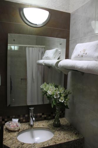 a bathroom with a sink and a mirror at Hotel Estadio in Guadalajara