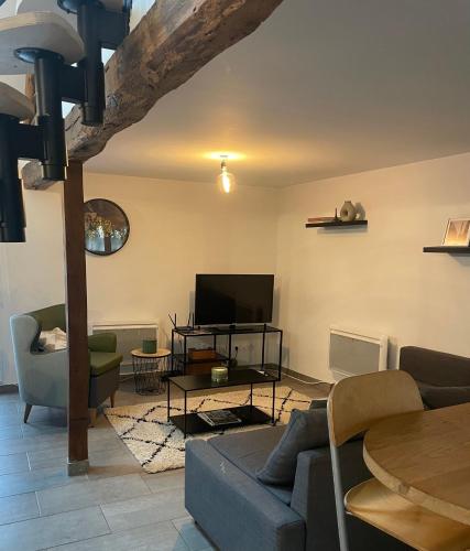 un salon avec un canapé et une télévision dans l'établissement Loft Chez Guillaume, à Bouleurs