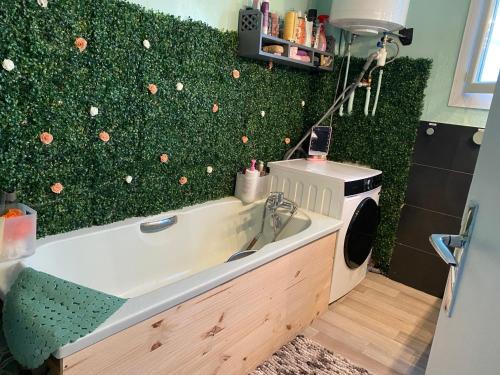 La salle de bains est pourvue d'une baignoire et d'un mur vert. dans l'établissement Chambre zen, à Perpignan