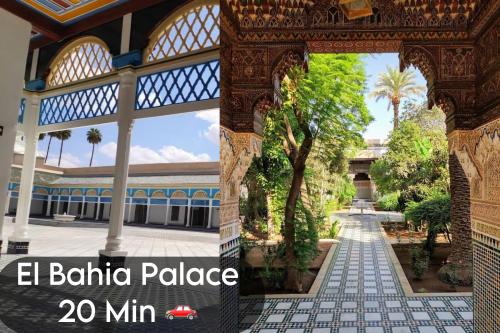 a building with an archway and a courtyard with palm trees at Oranger Family House Marrakech City Center, Private Large House, Terasse Garden View, Free Parking in Marrakech