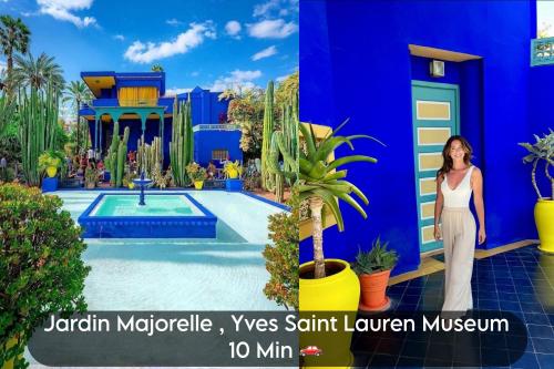 a woman standing in front of a blue house with a pool at Oranger Family House Marrakech City Center, Private Large House, Terasse Garden View, Free Parking in Marrakech