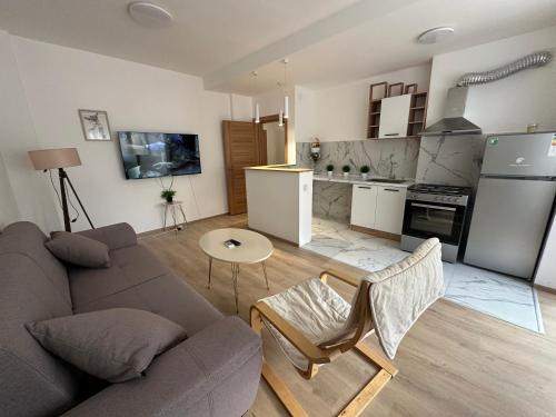 Una sala de estar con un sofá y una cocina. en Ira's Square 2 Bedroom Apt Free Parking, en Skopje