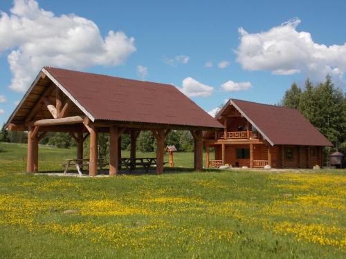 a large wooden cabin in a field of flowers at Guest House Kalniņi in Kārļi