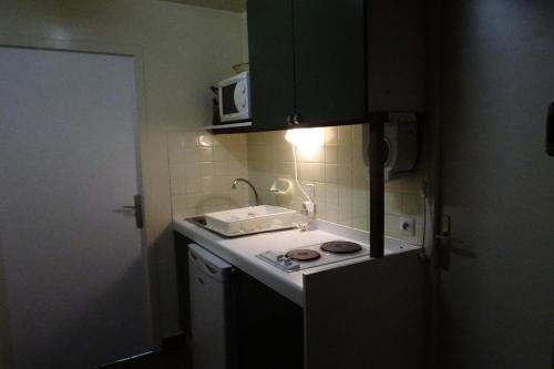 une petite cuisine avec un évier et un micro-ondes dans l'établissement Résidence Le Rochefort - Appartement 2 pièces 4 personnes à Bourg Saint Maurice proche du centre, de la piscine et de la zone de loisirs MAE-3084, à Bourg-Saint-Maurice