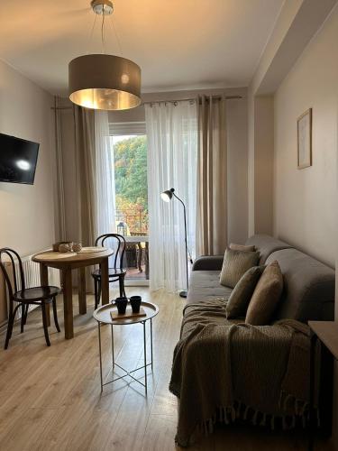 a living room with a couch and a table at APARTAMENTY LAVENDERIA z widokiem na Górę Parkową, blisko centrum in Kudowa-Zdrój