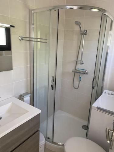 une salle de bain avec une douche, des toilettes et un lavabo dans l'établissement T2 avec piscine proche plage, au Cap d'Agde