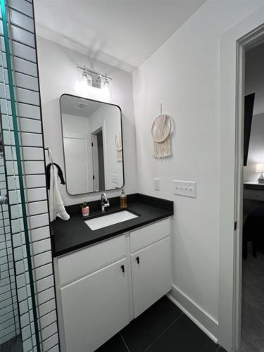 a white bathroom with a sink and a mirror at Hermitage House Near Opryland & Airport Game Room in Nashville
