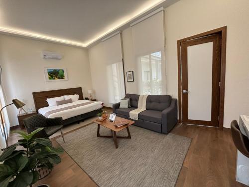 a living room with a bed and a couch at Casa Herrmann Suites in Mexico City