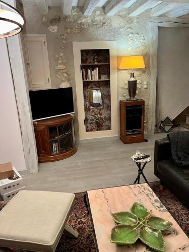 un salon avec un canapé et une télévision à écran plat dans l'établissement Chez Jeannette, à La Charité-sur-Loire