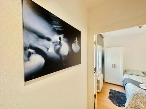 a bedroom with a large picture of birds on the wall at La Ibiza del Pilar in Zaragoza