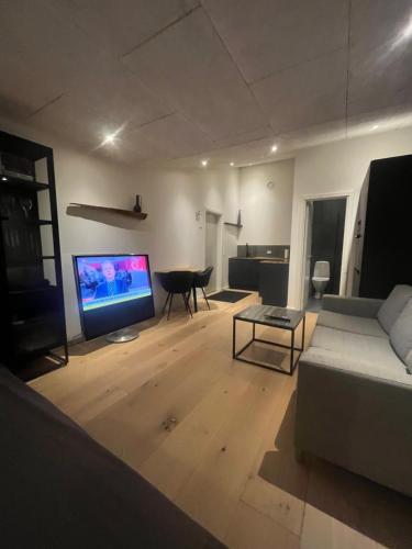 a living room with a couch and a flat screen tv at Central lejlighed in Herning