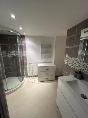 une salle de bain blanche avec une douche et un lavabo dans l'établissement Le Thiers I, à Pont-à-Mousson