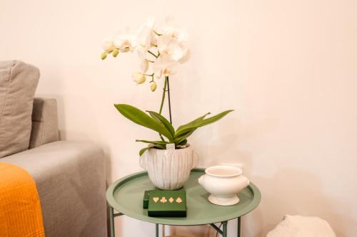 a green table with a vase and a plant on it at Casa da Valentina in Fafe