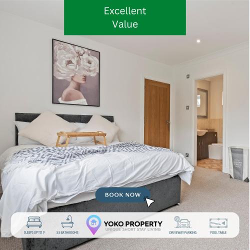 a bedroom with a bed in a room at Charming 4 Bedroom 3 Bathroom House - Sleeps up to 9 - Pool Table, Sky TV & Netflix, Fast WiFi, Driveway Parking & Self-Check-In By Yoko Property in Great Malvern