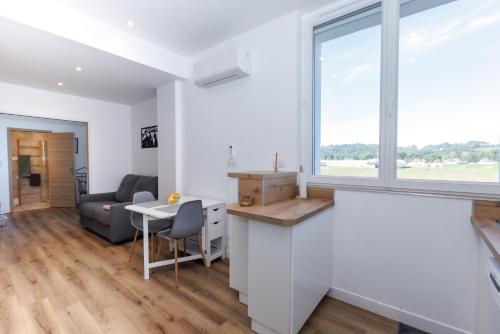 une cuisine et un salon avec une grande fenêtre dans l'établissement LE REFUGE PYRENEEN - Climatisation Parking WIFi Espace de Travail - NEUF- Très belle Vue sur les Pyrénées - 2 lits - OFFRE SPECIALE, à Assat