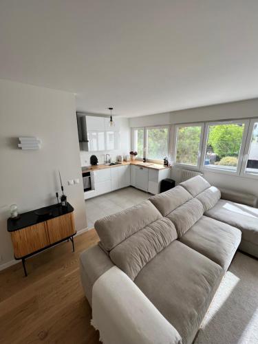 un salon avec un canapé et une cuisine dans l'établissement Luxury apartment 16', à Paris