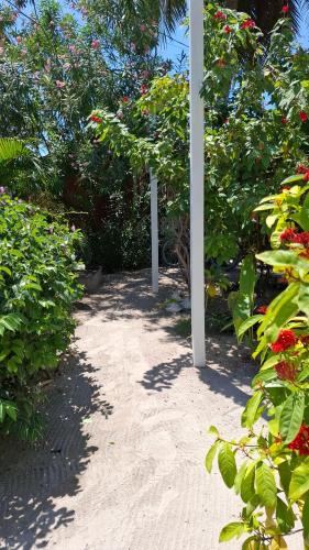 a white pole in the middle of a garden at Amanda's Place Casa Amancer - sea view, pool and tropical garden in Caye Caulker