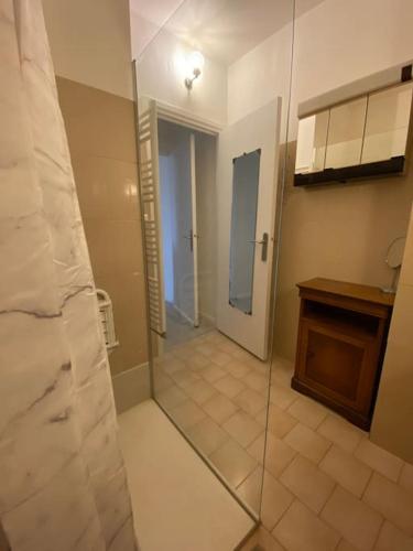 une salle de bain avec une douche avec une porte vitrée dans l'établissement La Douce Escale, à Carcassonne