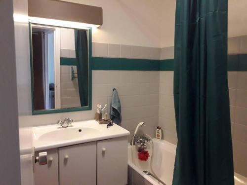 a bathroom with a sink and a mirror and a tub at Grand studio les pieds dans l'eau! in Saint-François