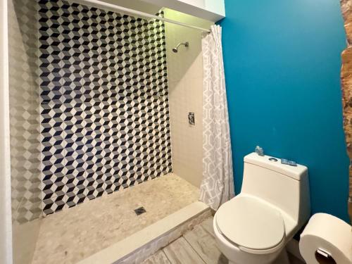 a bathroom with a toilet and a shower at Castillos Del Mar in Rosarito