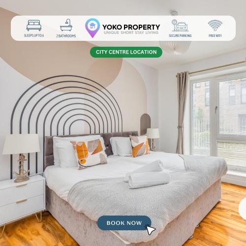 a white bedroom with a large bed with white sheets at Luxury 2 Bedroom 2 Bathroom Apartment - City Centre - Free Parking, Balcony and Smart TVs with Sky TV and Netflix by Yoko Property in Milton Keynes