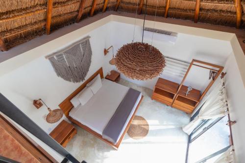 an overhead view of a living room on a boat at Hotel CasaBakal - A pie de Laguna - Bacalar in Bacalar