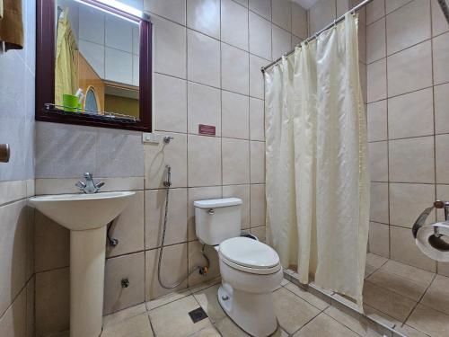 a bathroom with a toilet and a sink and a shower at Hotel Nicanor in Dumaguete