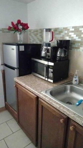 a kitchen with a sink and a microwave at Spacious room in West Jordan A in West Jordan