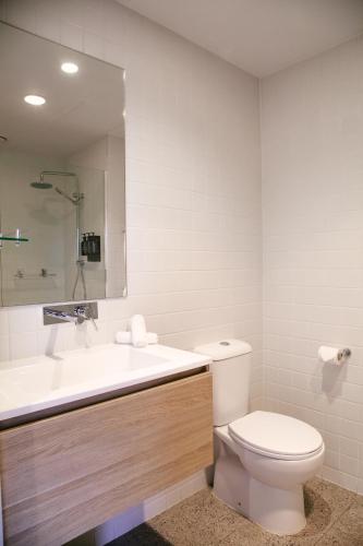 a bathroom with a toilet and a sink and a mirror at Nagambie Waterfront Motel in Nagambie