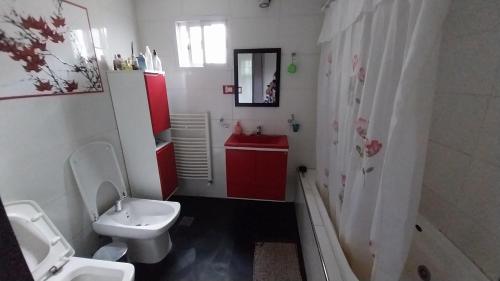 a bathroom with a white toilet and a sink and a mirror at Lodelore in Merlo