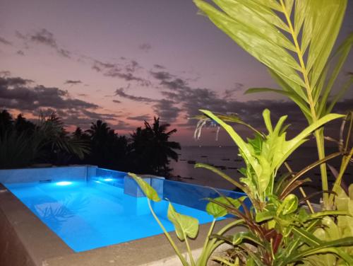 a swimming pool with a view of the ocean at night at Aluna Beach Apartments in Nungwi