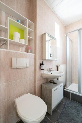 a bathroom with a toilet and a sink at COY Apartments Leoben - Stay Comfortable & Work Smart in Leoben