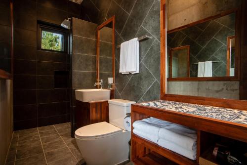 a bathroom with a toilet and a sink and a mirror at Ceylon Jeju Pool Villa in Jeju