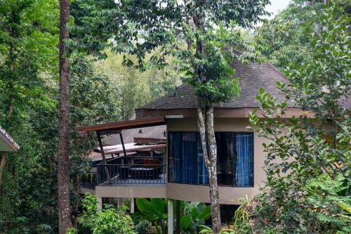 a house with a balcony in the middle of trees at Rock and Tree House Resort in Khao Sok