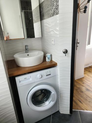 une salle de bain avec une machine à laver et un lavabo dans l'établissement Agréable appartement à CAMBO LES BAINS, à Cambo-les-Bains