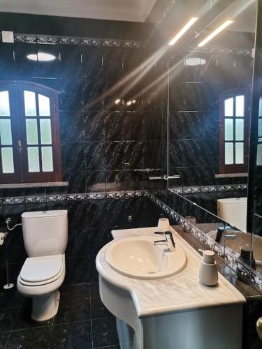 a bathroom with a white toilet and a sink at CASA COM ARTE - Hospitality & Rural Impact in Vermelho
